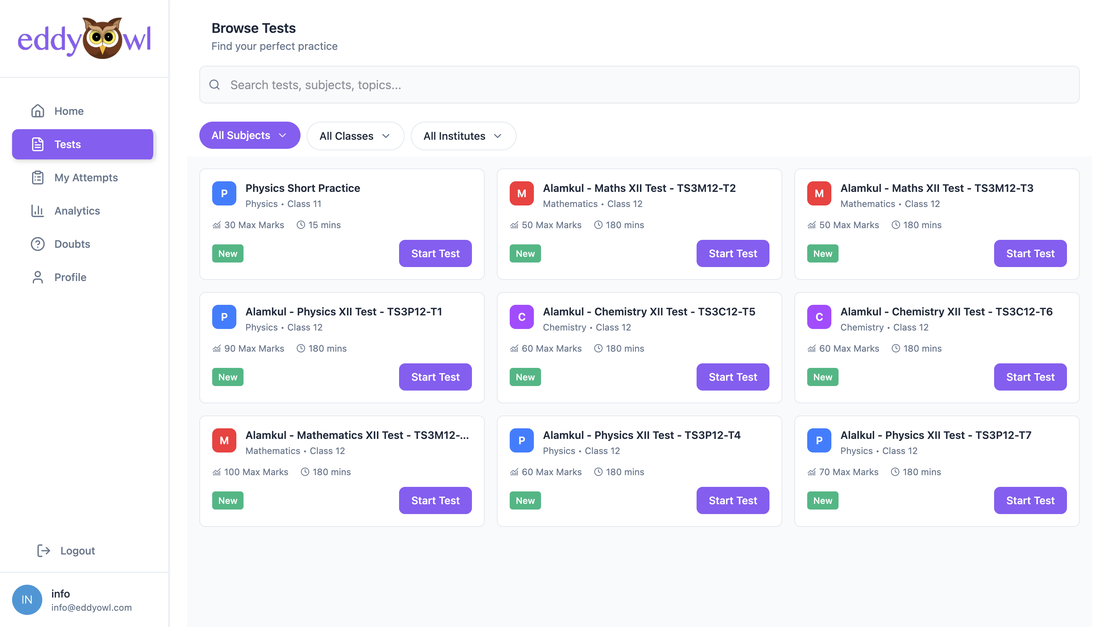 EddyOwl Practice Hub student mobile app interface showing AI-powered practice tests and instant feedback for competitive exam preparation